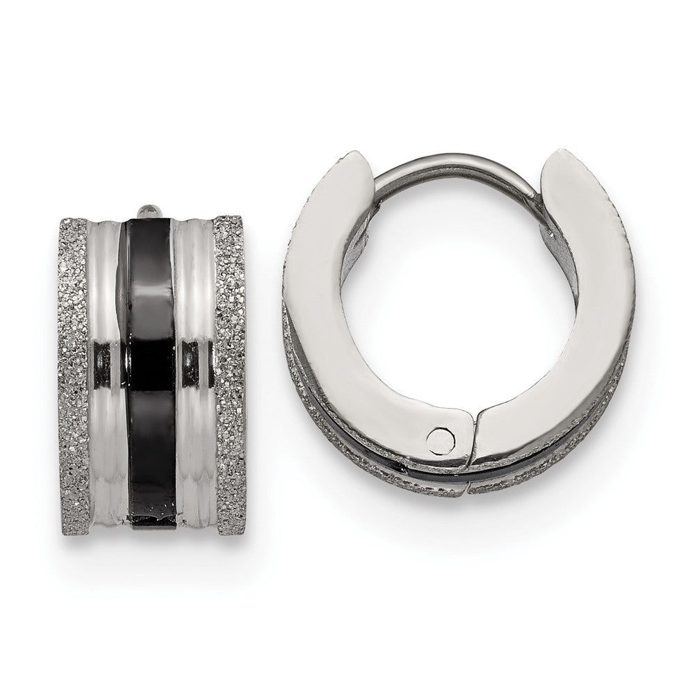 Stainless Steel Polished Black IP-Plated Laser cut 7mm Hoop Earrings