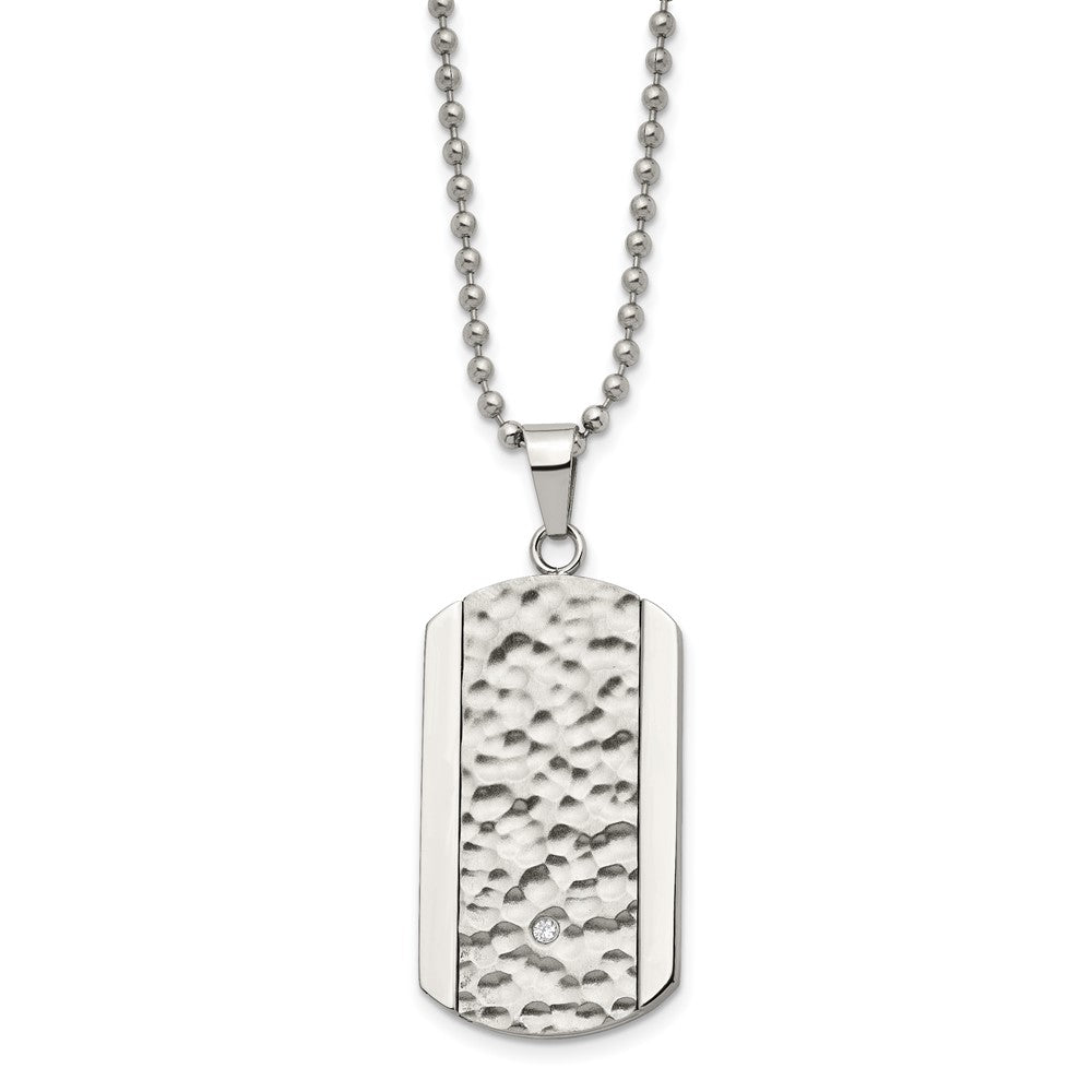 Stainless Steel Polished and Hammered w/CZ Dog Tag 22in Necklace