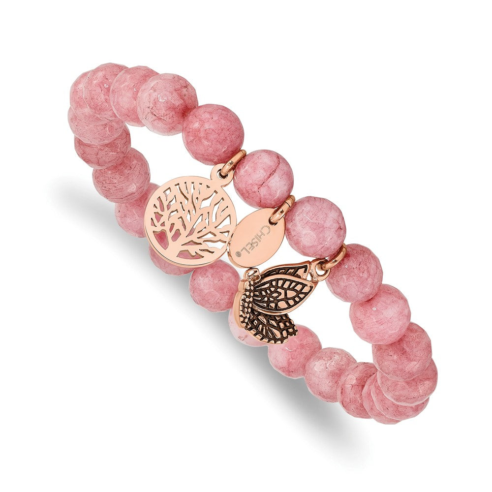 Stainless Steel Antique and Polish Rose IP Pink Dyed Jade Stretch Bracelet 6 inches