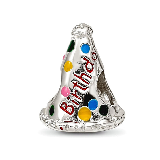925 Sterling Silver Polished Oxidized Reflections Enameled Happy Birthday Hat Bead Charm 12.73x10.00mm Wide Pendant Neck