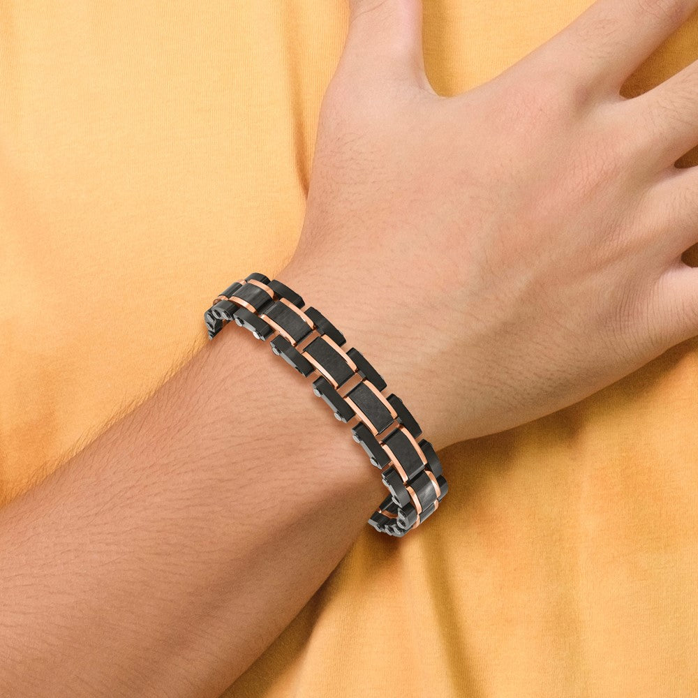 Stainless Steel Brushed Polished Black/Rose IP Carbon Fiber 8.5in Bracelet 8.5 inches