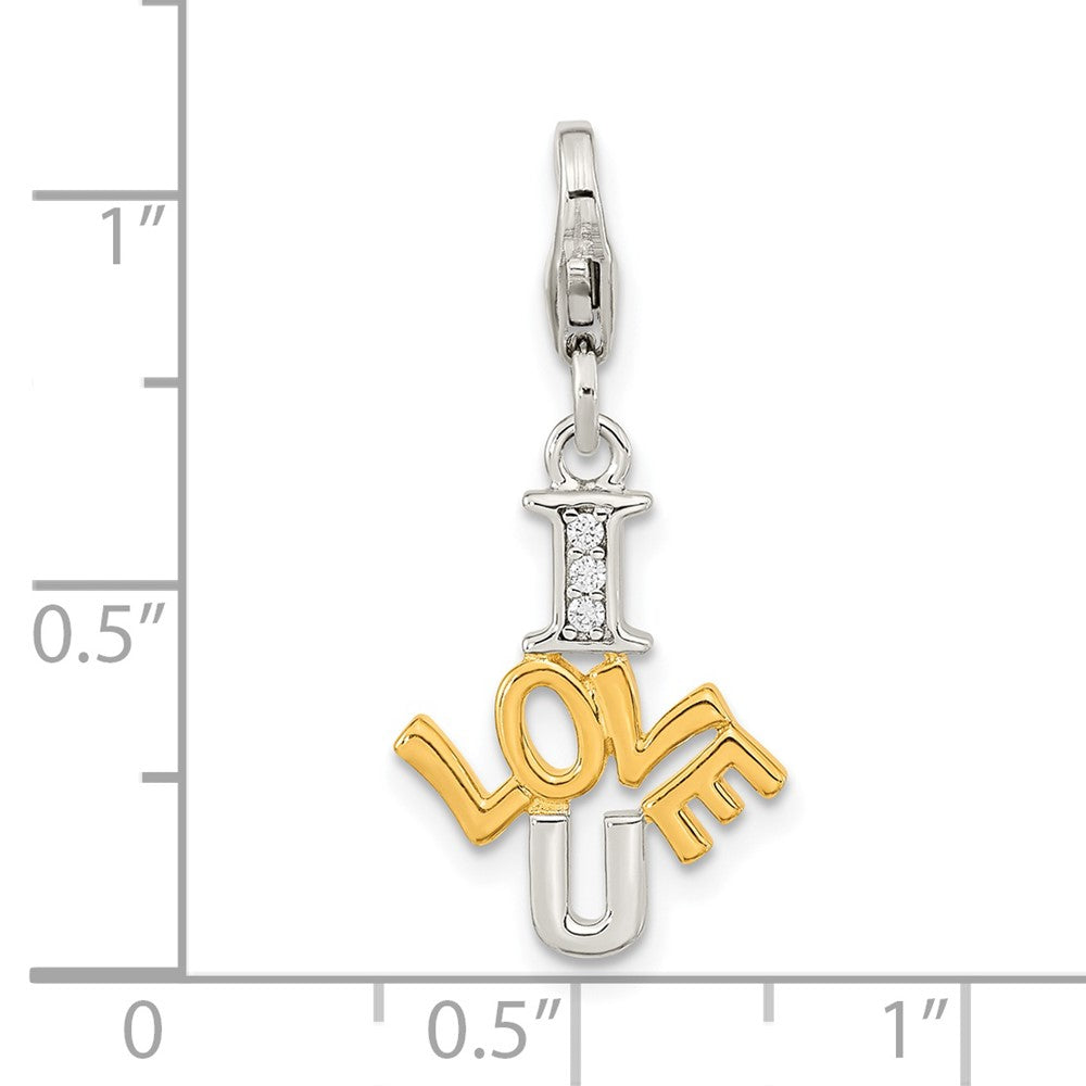 Amore La Vita Sterling Silver Rhodium-plated and Gold-plated Polished CZ I LOVE U Charm with Fancy Lobster Clasp
