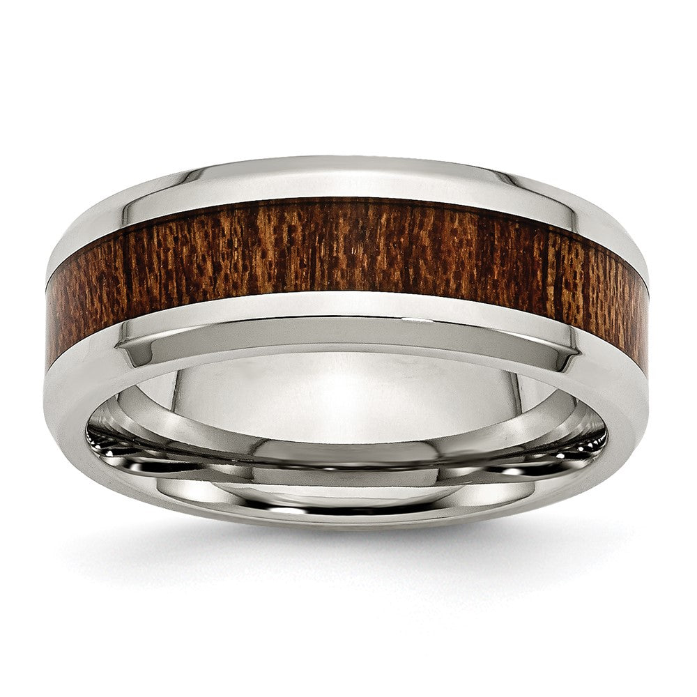 Stainless Steel Polished Brown Koa Wood Inlay Enameled 8mm Band Size - 8.5