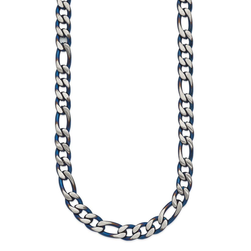 Chisel Stainless Steel Brushed and Polished Blue IP-plated 7.5mm 22 inch Figaro Chain Necklace