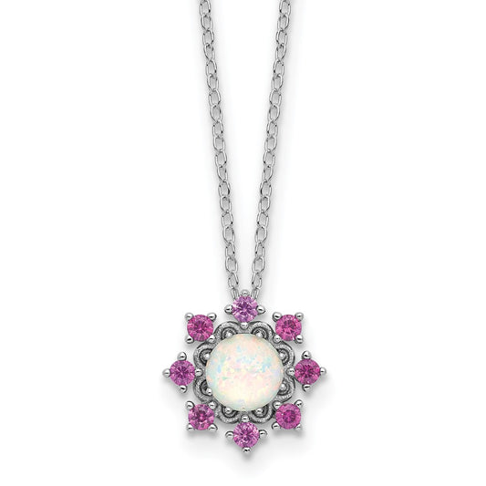 Cheryl M Sterling Silver Rhodium-plated Polished Created Opal and Pink Crystal Flower Necklace 18 Inches