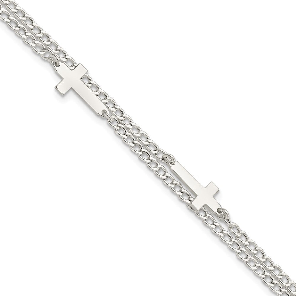 Sterling Silver Double Cross 2-Strand w/1in ext Bracelet 8 inches