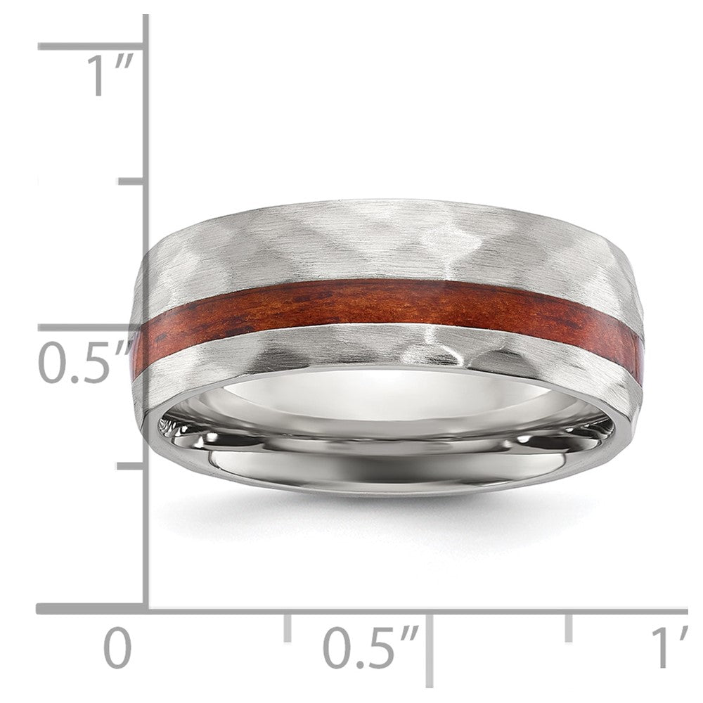 Chisel Stainless Steel Brushed and Hammered with Wood Inlay 8mm Band Size - 11