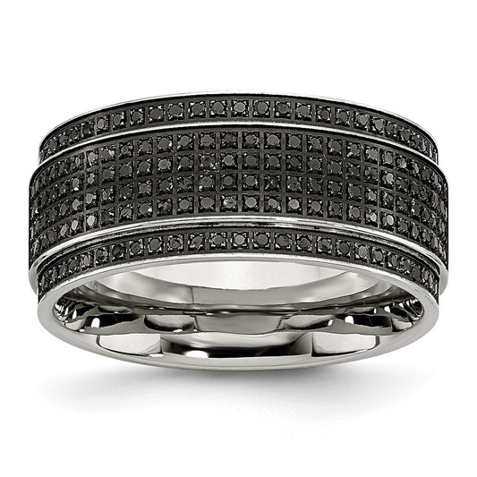 Stainless Steel Polished 1/2ct Black Diamond 10mm Ridged Edge Band Size - 6.5