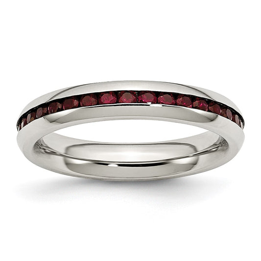 Stainless Steel Polished 4mm January Dark Red CZ Ring Size - 8
