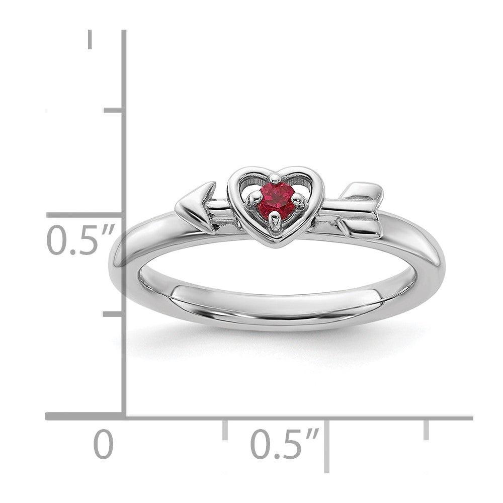 Sterling Silver Stackable Expressions Rhodium-plated Created Ruby Heart with Arrow Ring Size -8