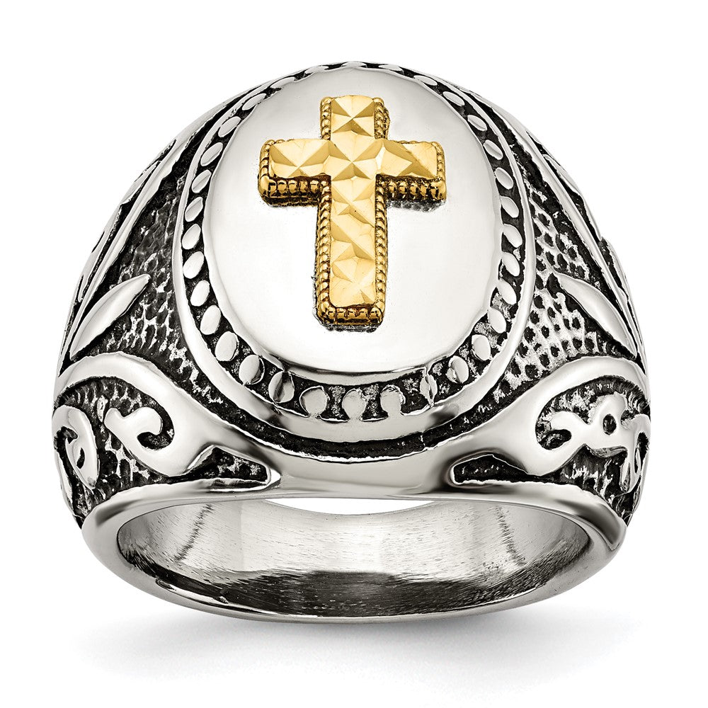 Stainless Steel w/14k Accent Antiqued and Polished Cross Ring Size - 9