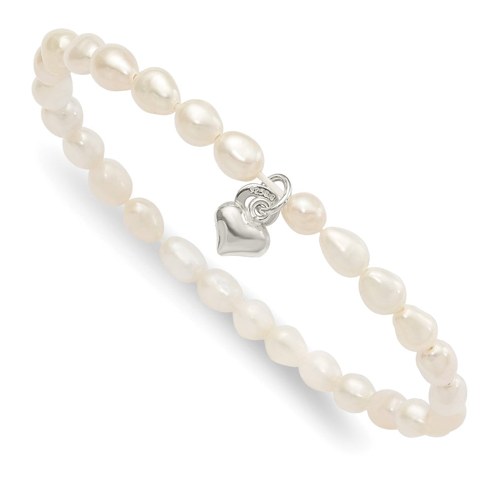 Sterling Silver Polished FWC Pearl & Heart Children's Stretch Bracelet 5 inches