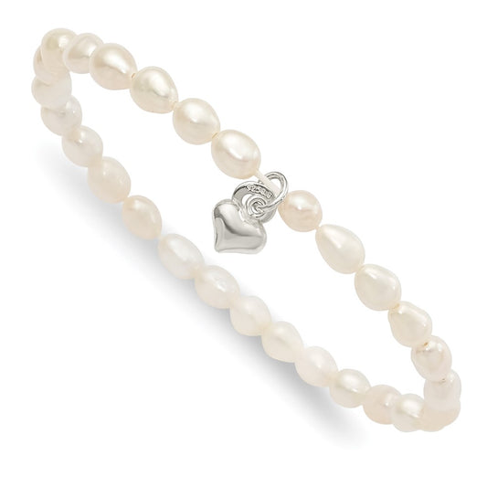 Sterling Silver Polished FWC Pearl & Heart Children's Stretch Bracelet 5 inches