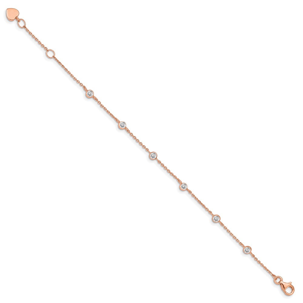 Sterling Silver Rose-tone w/ .75in ext. CZ Heart Bracelet 7 inches