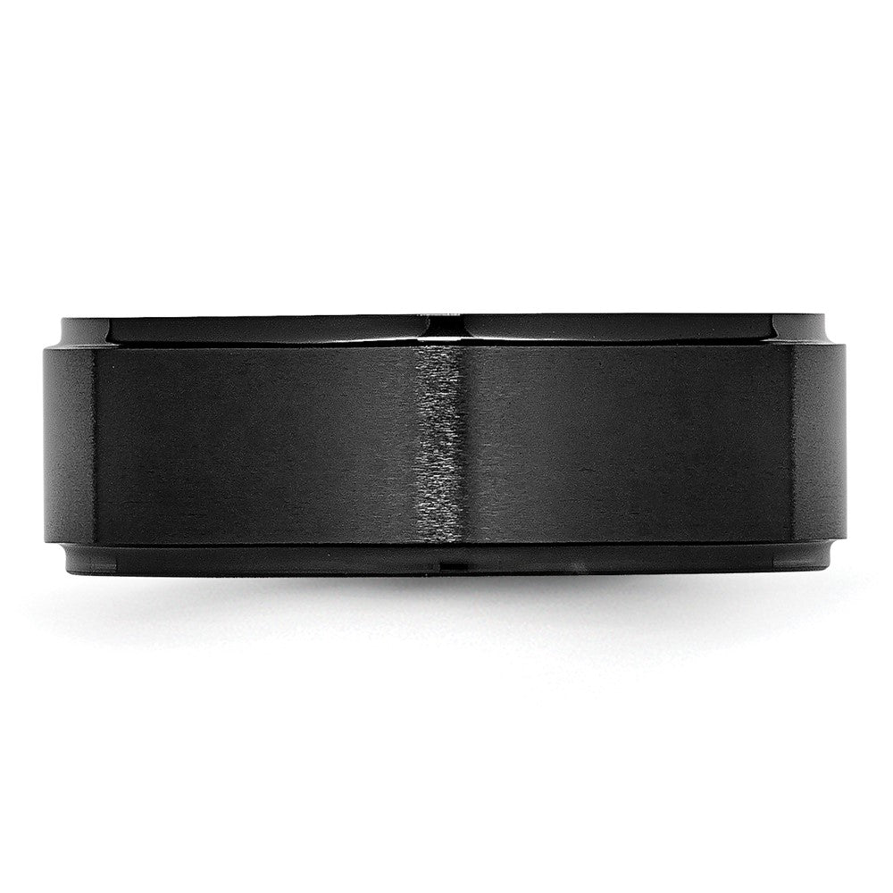 Black Ceramic Ridged Edge 8mm Brushed and Polished Band Size - 12