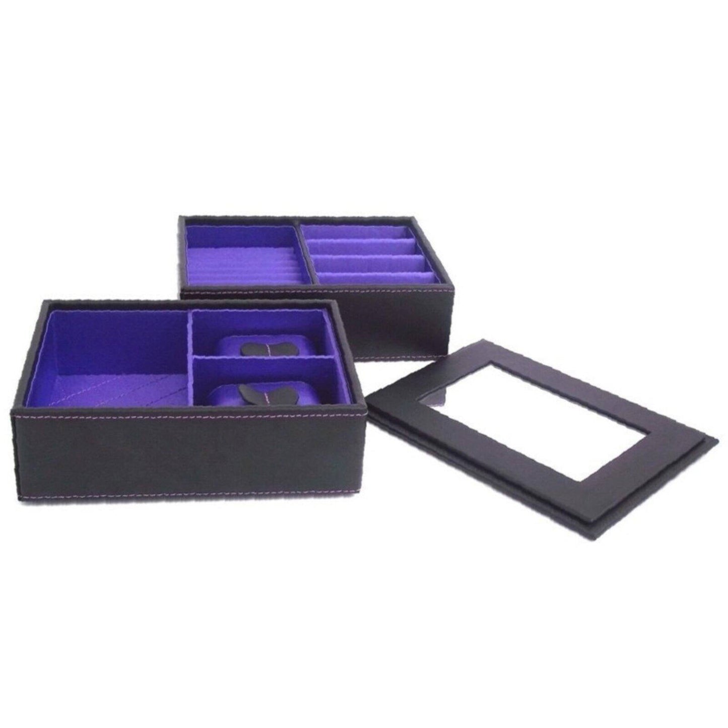 Black Leather Stacking Jewelry Box with Mirrored Lid - 8W x 5.25H in.