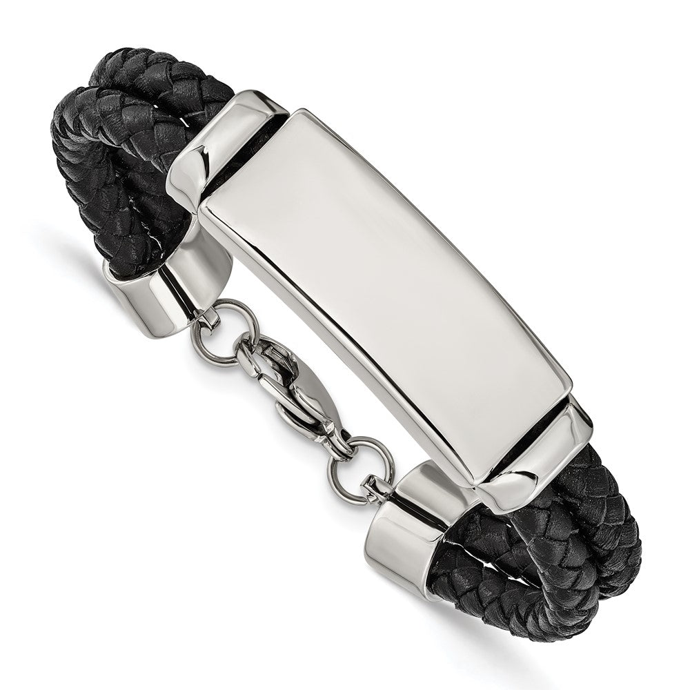 Stainless Steel Polished Black Leather 8.25in ID Bracelet 8.25 inches