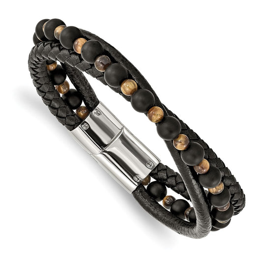 Stainless Steel Polished w/Tiger's Eye/Black Agate Leather 8.25in Bracelet 8.25 inches