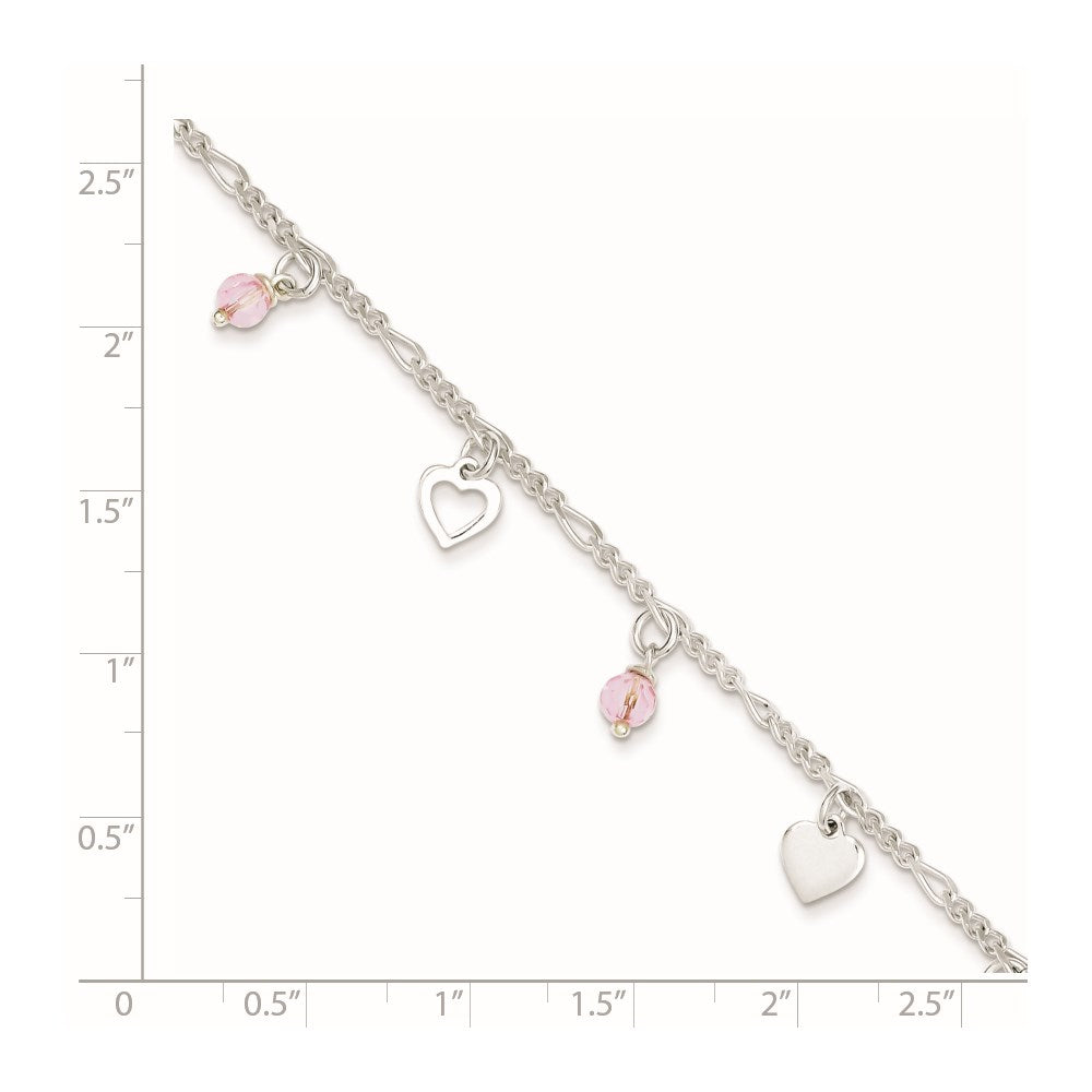 Sterling Silver Pink Glass Beads and Polished Hearts 9 inch Anklet with 1 inch extension 9 inches