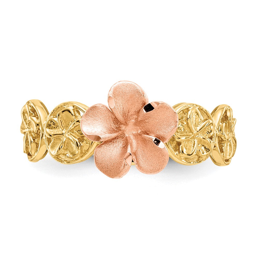 14k Yellow & Rose Gold Diamond-cut Plumeria Flower Ring Size 7