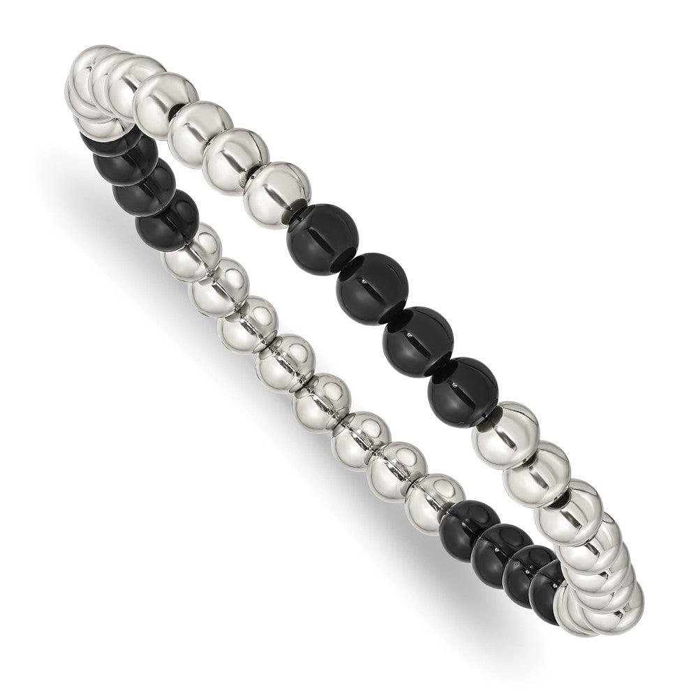 Stainless Steel Polished Black Onyx Beaded Stretch Bracelet 7.25 inches