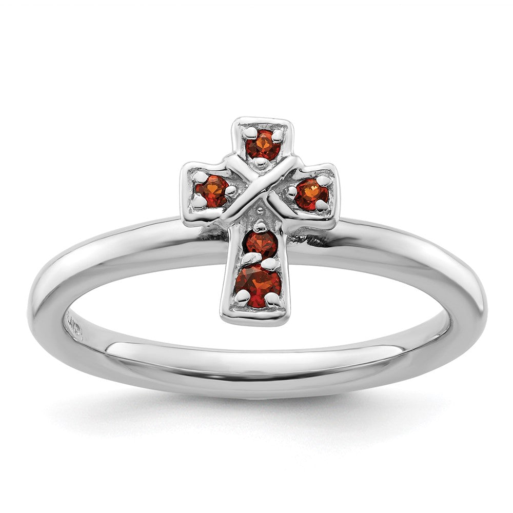 Sterling Silver Stackable Expressions Rhodium Garnet Cross Ring Size -7