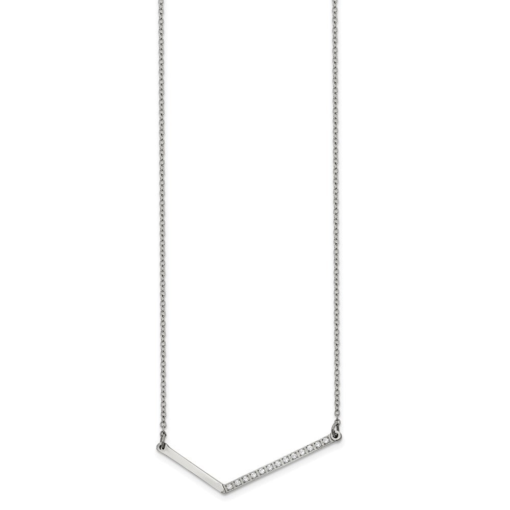 Stainless Steel Polished CZ Angled Bar 17.5 inch Necklace