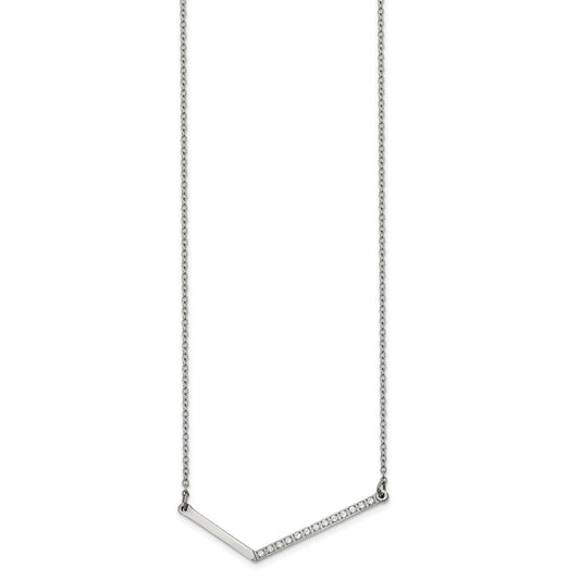 Stainless Steel Polished CZ Angled Bar 17.5 inch Necklace