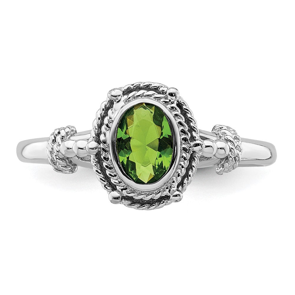 Sterling Silver Rhodium-plated with Green Oval CZ Stone Ring
