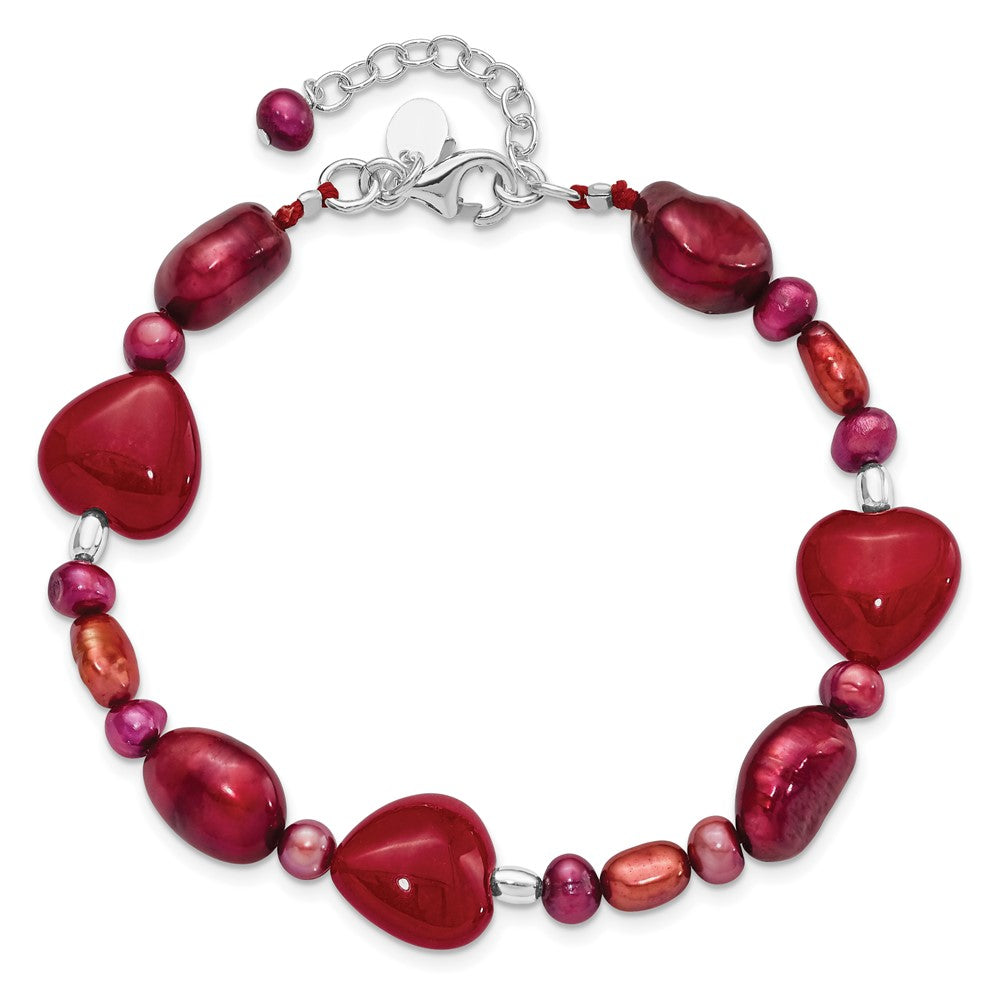 Sterling Silver Red Jade Hearts/FW Cultured Pearl Bracelet 7.5 inches