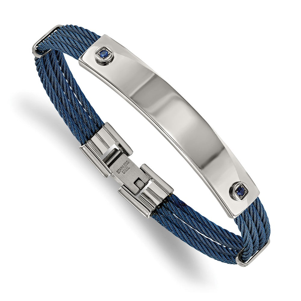 Stainless Steel Polished Blue IP-plated Cable Blue CZ 7.25in ID Bracelet 7.25 inches