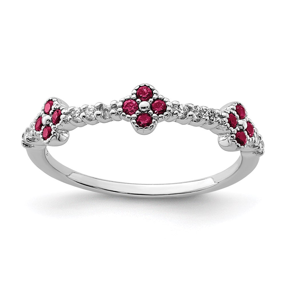 Sterling Silver Rhodium Plated Red & Clear CZ Ring