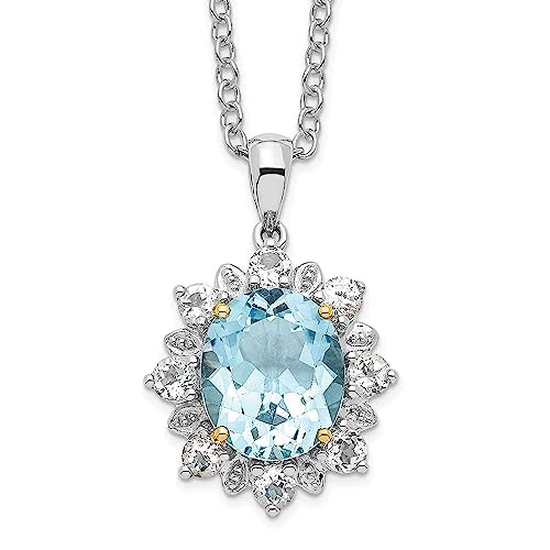 Brilliant Gemstones Sterling Silver with 14K Accent Rhodium-plated Sky Blue Topaz and White Topaz 18 Inch Necklace with 2 Inch Extender 18 Inches