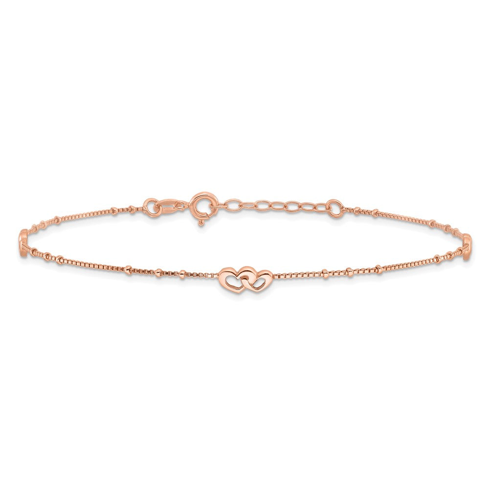 Sterling Silver Rose-tone Polished Hearts 9in Plus 1in Ext Anklet 9 inches
