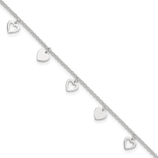 Sterling Silver 9 inch Polished Heart with 1in ext. Anklet 9 inches