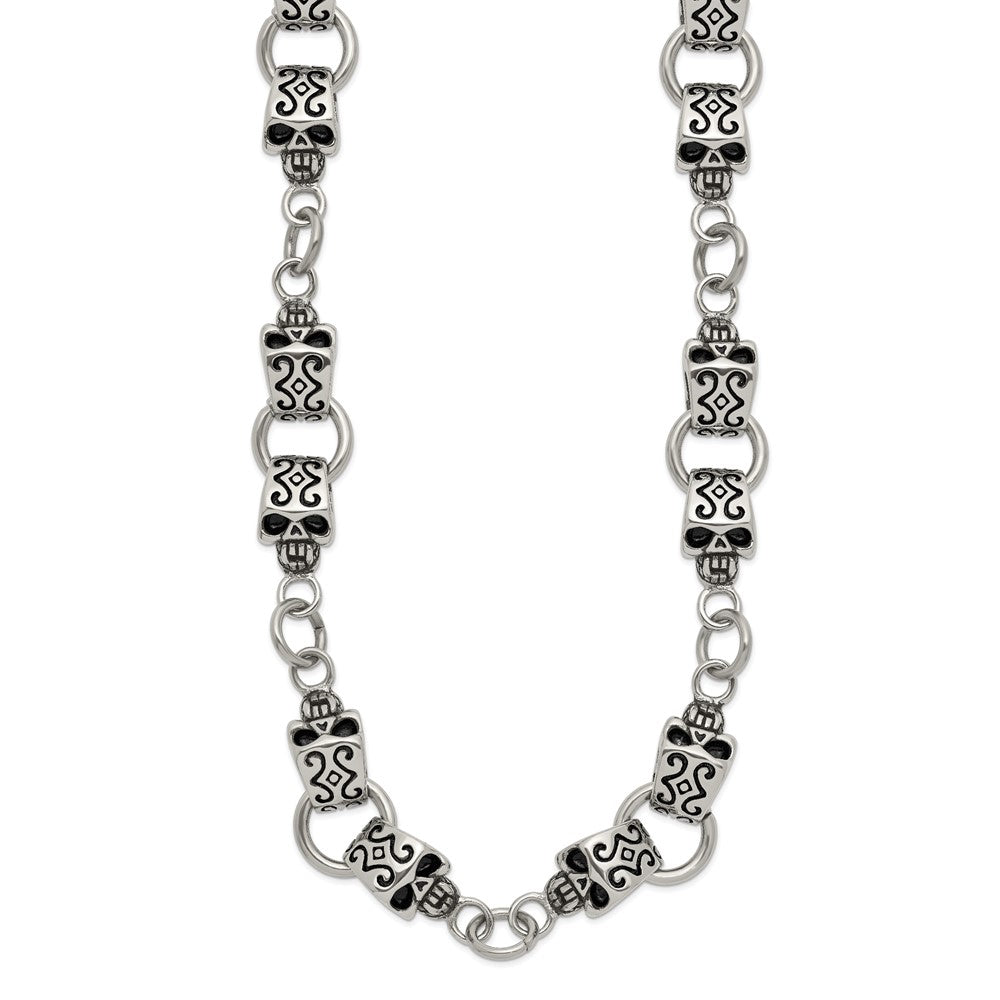 Stainless Steel Antiqued and Polished Skull 24in Necklace