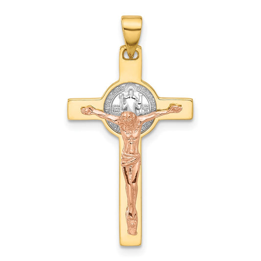 14K Two-tone with White Rhodium Crucifix and St Benedict Pendant