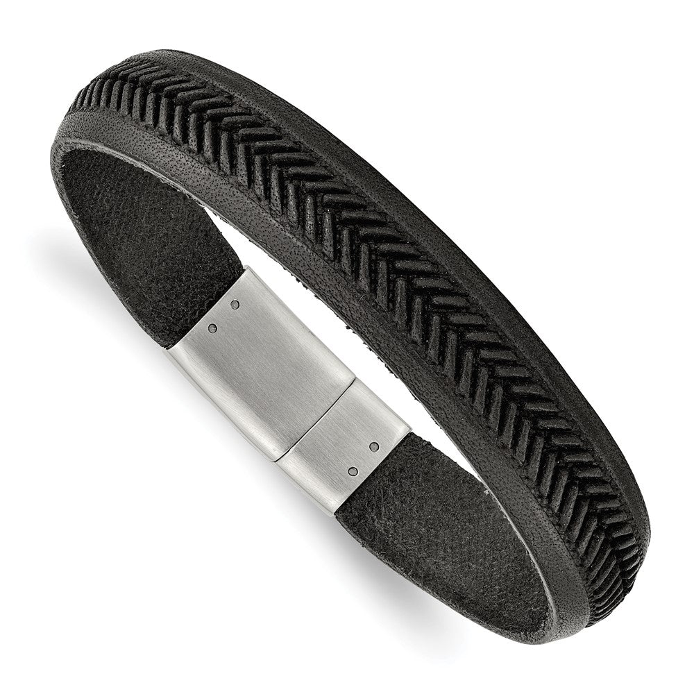 Stainless Steel Polished Black Italian Leather 8.75in Bracelet 8.75 inches