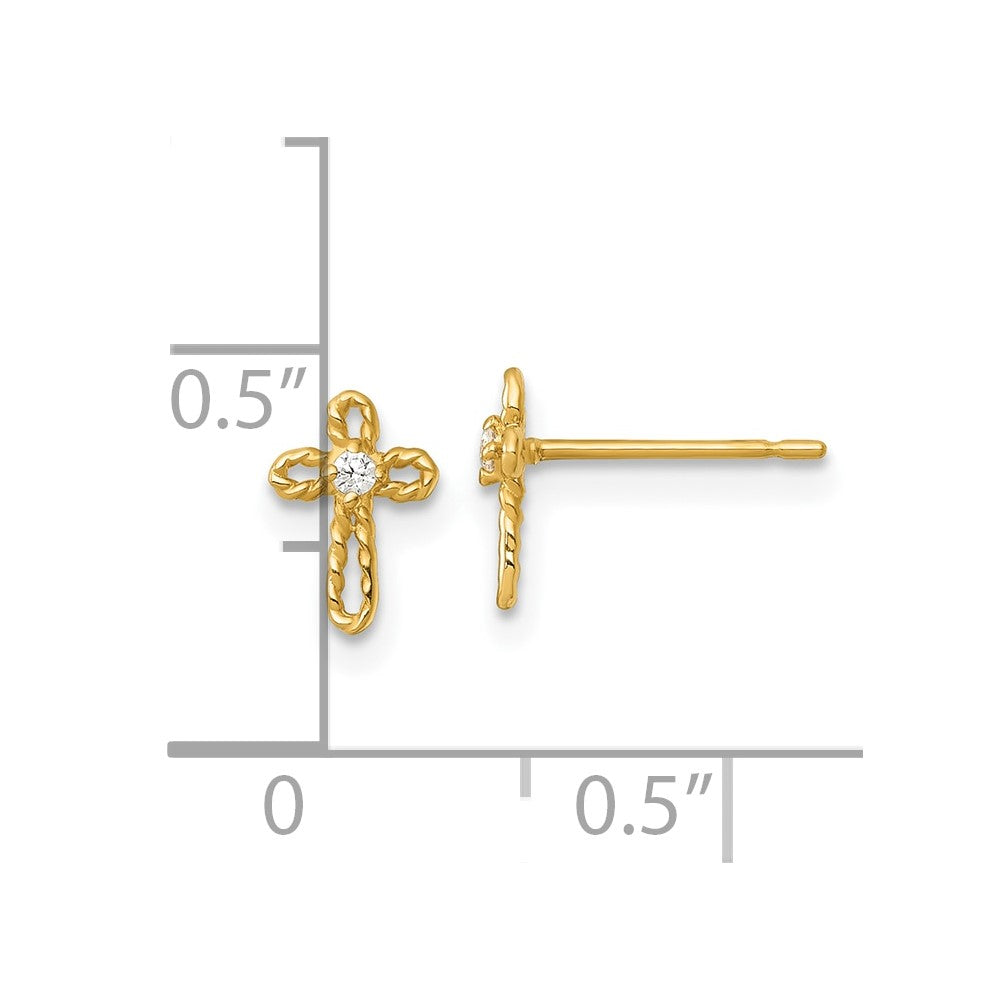 14k Madi K Polished and Twisted CZ Cross Childrens Post Earrings