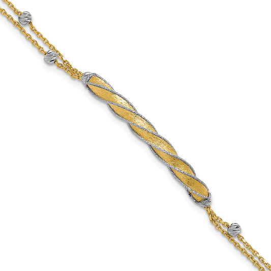 14K Two-tone Polish/Satin/Dia-cut Fancy Bar w/1in ext. Bracelet 8  inches