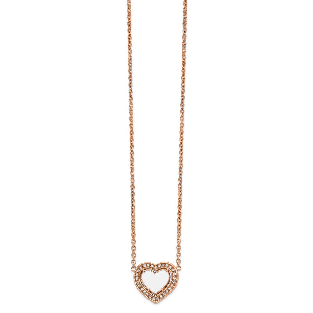 Stainless Steel Polished Rose IP White Enamel CZ Heart w/2in ext Necklace