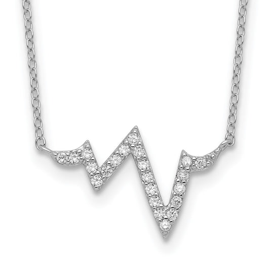 Sterling Silver Rhodium-plated CZ Heartbeat w/2in ext. Necklace 16 Inches