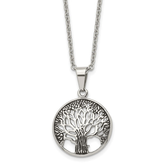 Stainless Steel Antiqued and Polished Tree of Life 20in Necklace