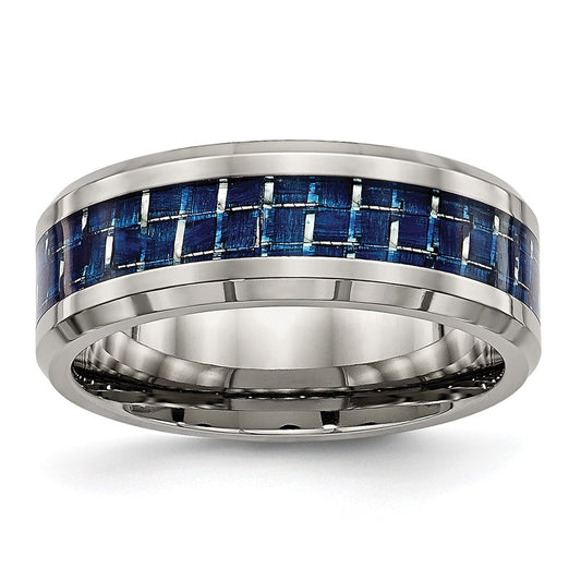 Titanium Polished w/Blue Carbon Fiber Inlay 8mm Beveled Edge Band Size - 9.5