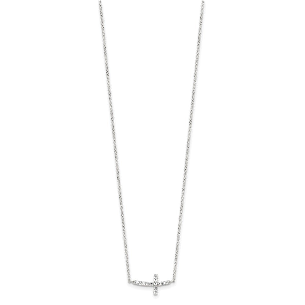 Sterling Silver Rhodium-plated CZ Sideways Cross w/2in Ext Necklace 16 Inches