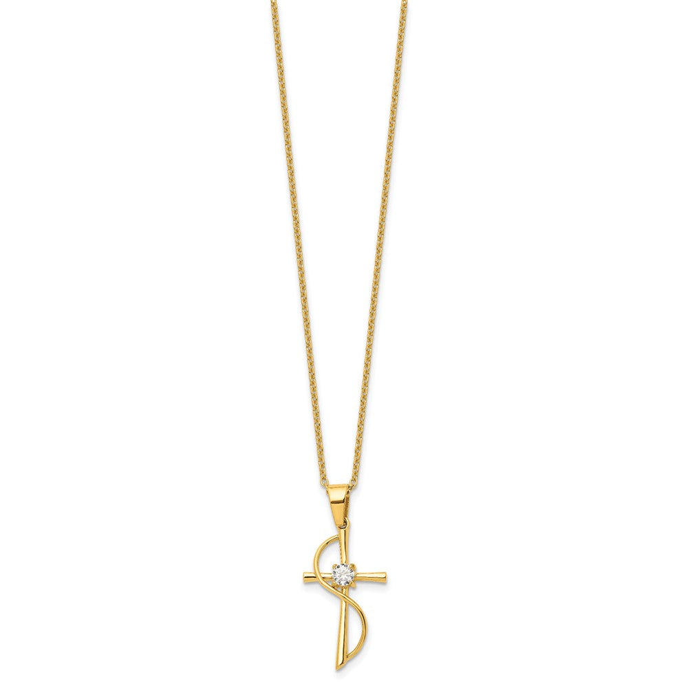 Stainless Steel Polished Yellow IP-plated w/CZ Cross 17.75in Necklace