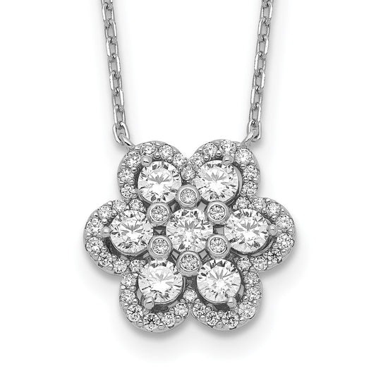 Sterling Shimmer Sterling Silver Rhodium-plated 15.75 inch 55 Stone Flower CZ Necklace with 2 inch extender 15.75 Inches