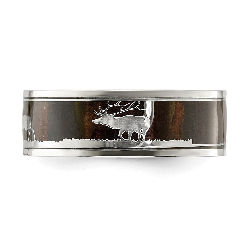Stainless Steel Polished with Wood Inlay Deer Design 8mm Band Size - 8