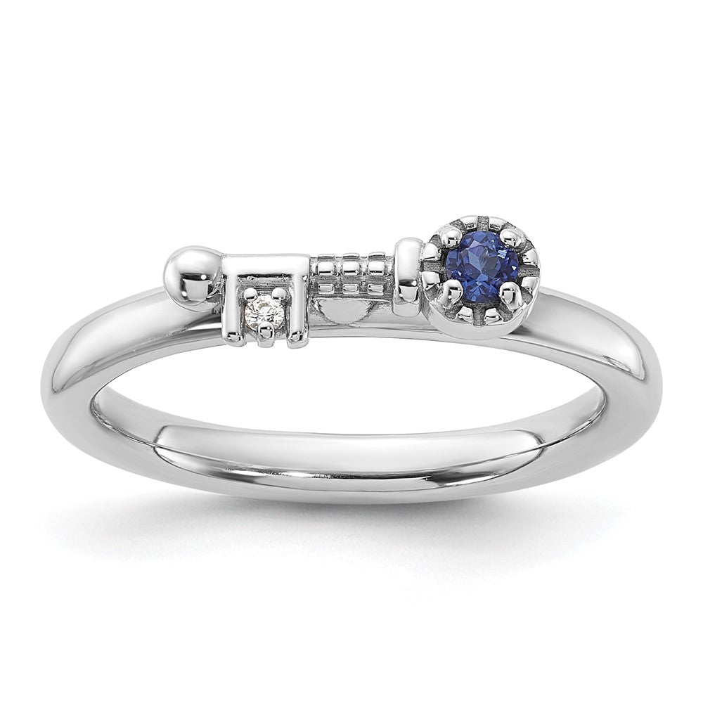 Sterling Silver Stackable Expressions Rhodium-plated Created Sapphire and White Topaz Key Ring Size -10