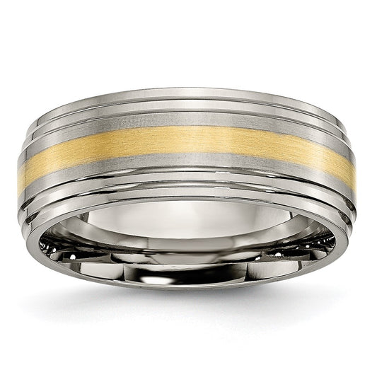 Titanium Brushed Center w/14k Yellow Inlay 8mm Ridged Edge Band Size - 14